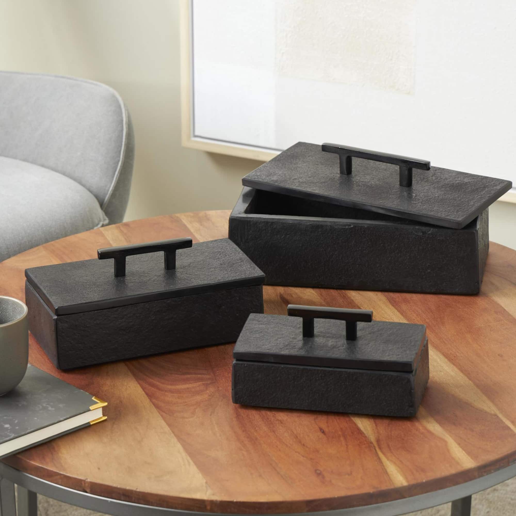 Black Marble Decorative Box with Aluminum Bar Handles, 3ct.